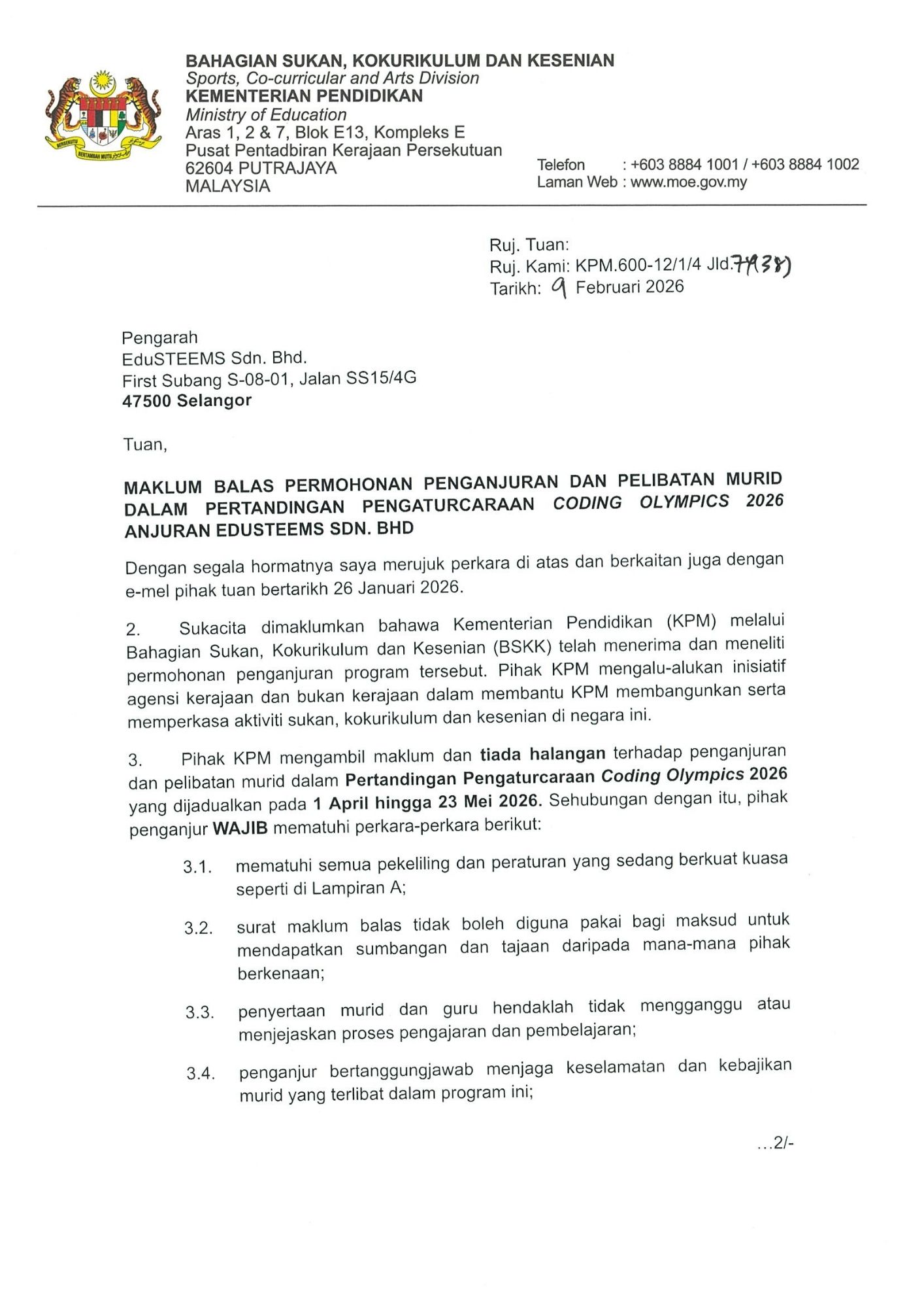 MAKLUM BALAS PERMOHONAN PENGANJURAN DAN PELIBATAN MURID DALAM PERTANDINGAN PENGATURCARAAN CODING OLYMPICS 2026 ANJURAN EDUSTEEMS SDN. BHD.pdf